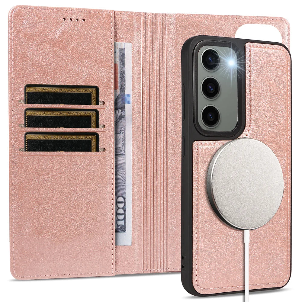 For Samsung Galaxy S23 Magnetic Case Detachable 2 in 1 Leather Wallet Phone Cover - Rose Gold - 3