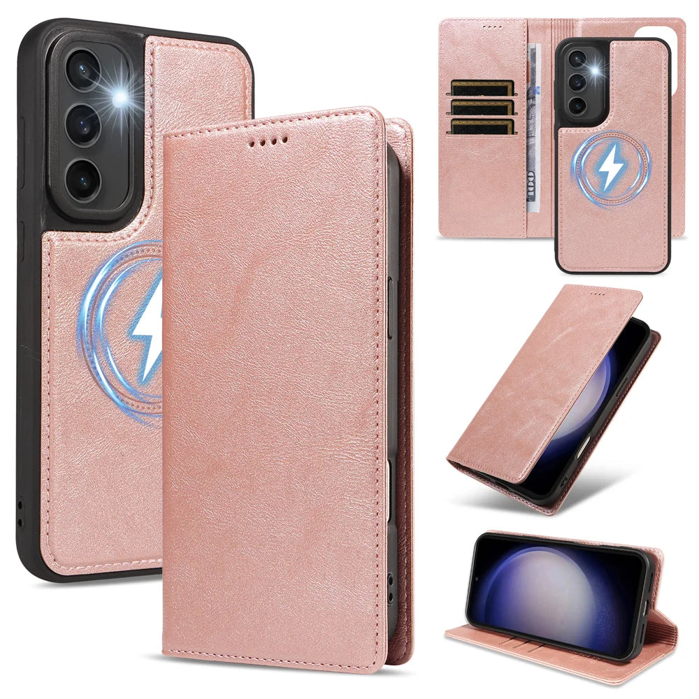 For Samsung Galaxy S23 FE Magnetic Case Detachable 2 in 1 Leather Wallet Phone Cover - Rose Gold - 1