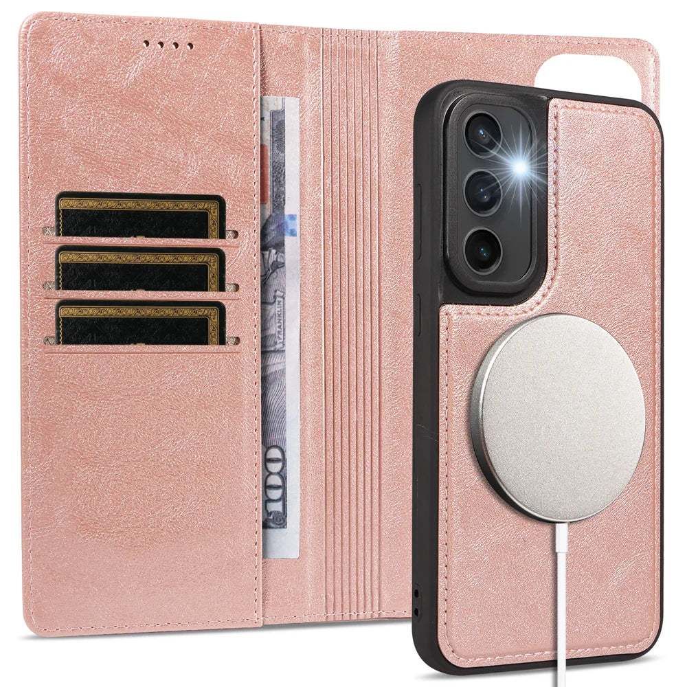 For Samsung Galaxy S23 FE Magnetic Case Detachable 2 in 1 Leather Wallet Phone Cover - Rose Gold - 3