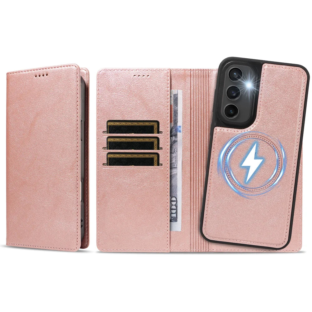 For Samsung Galaxy S23 FE Magnetic Case Detachable 2 in 1 Leather Wallet Phone Cover - Rose Gold - 6