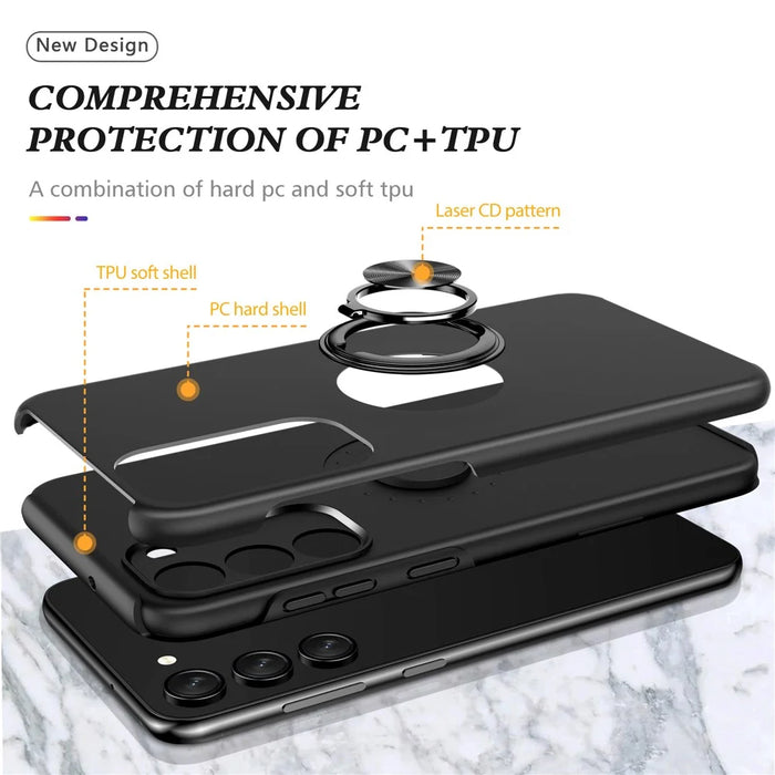 For Samsung Galaxy A14 5G / A14 4G Rotation Ring Kickstand Case Hard PC+Soft TPU Dual Layer Protection Phone Cover - Black - 5