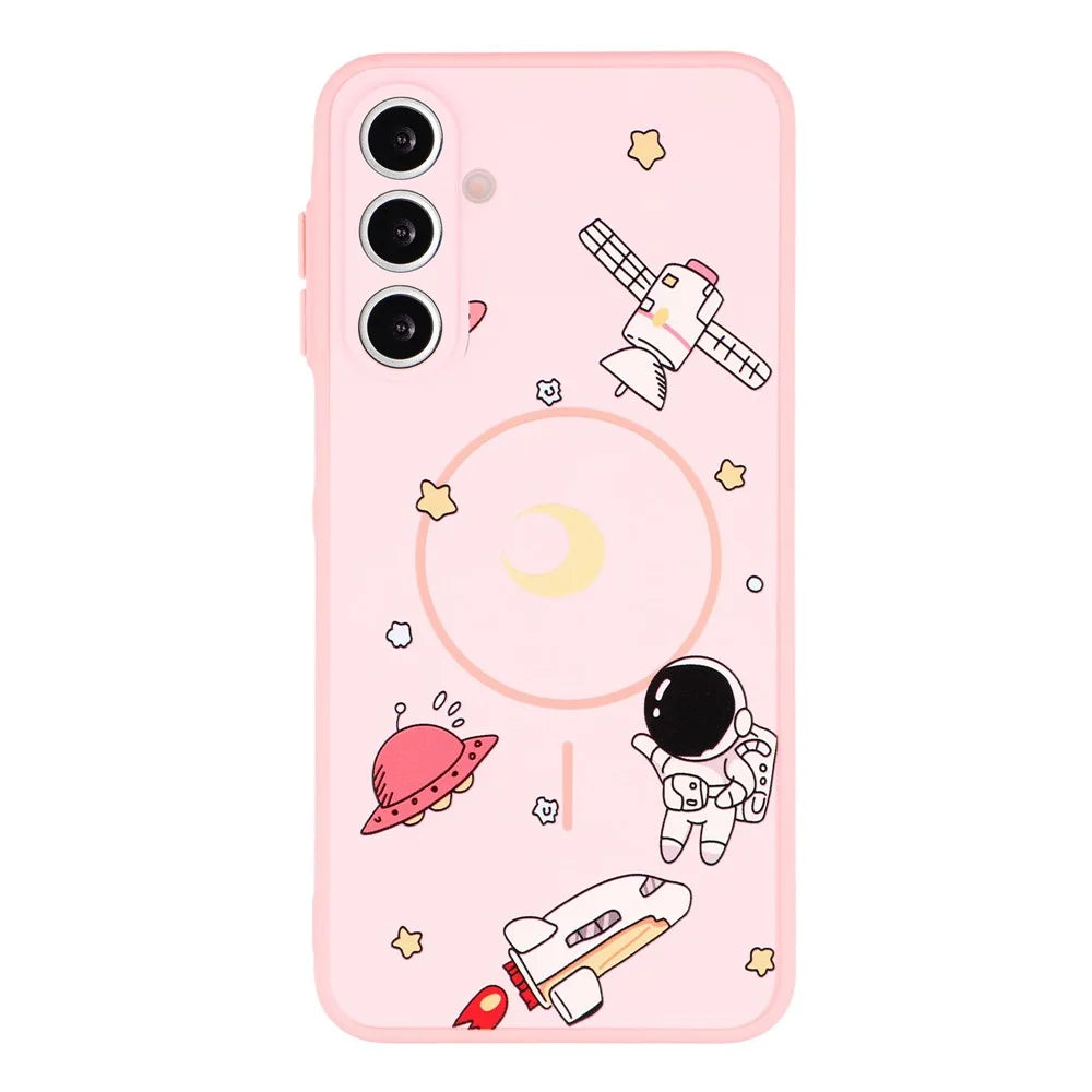 For Samsung Galaxy A26 5G Magnetic Case Cartoon Astronaut Design TPU Anti-Slip Impact Resistant Phone Cover - Pink - 1