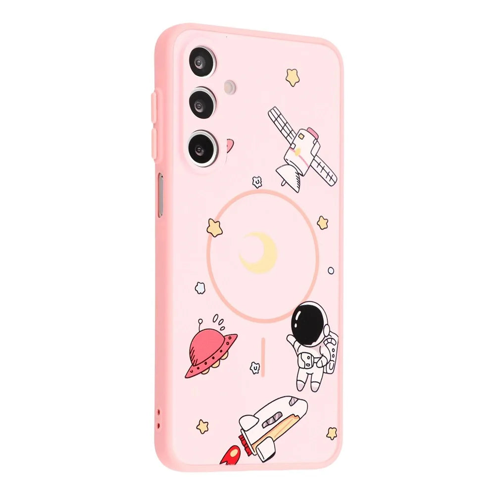 For Samsung Galaxy A37 5G Magnetic Case Cartoon Astronaut Design TPU Anti-Slip Impact Resistant Phone Cover - Pink - 3