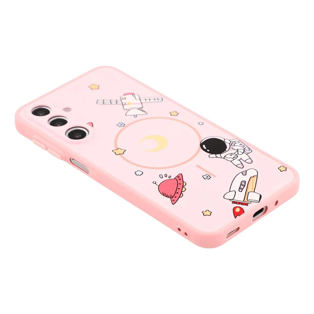 For Samsung Galaxy A57 5G Magnetic Case Cartoon Astronaut Design TPU Anti-Slip Impact Resistant Phone Cover - Pink - 5