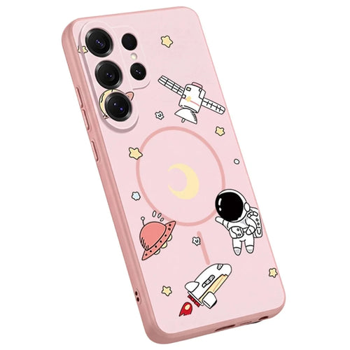 For Samsung Galaxy A56 5G / A36 5G / A37 5G Magnetic Case Cartoon Astronaut Design TPU Anti-Slip Impact Resistant Phone Cover - Pink - 1