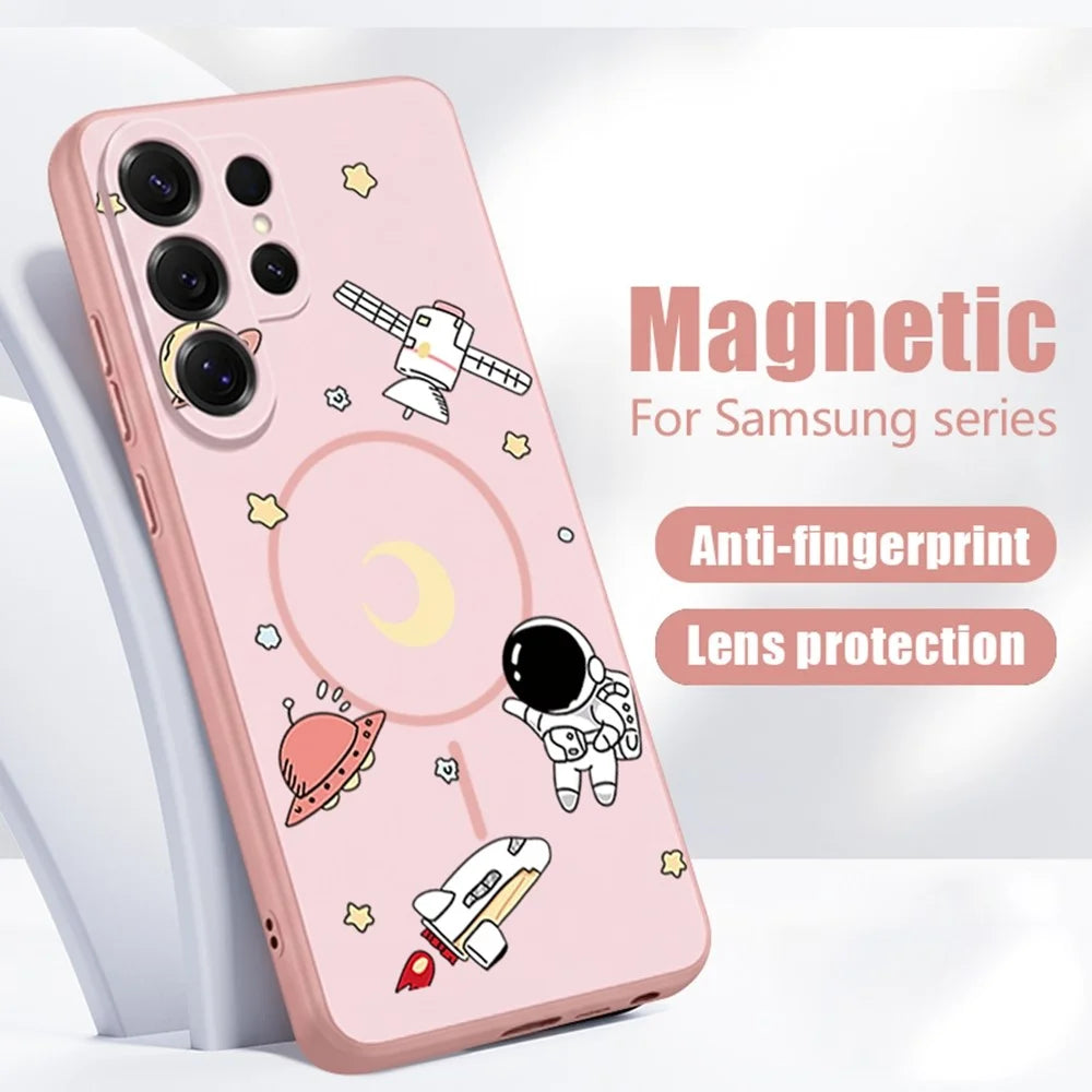 For Samsung Galaxy A56 5G / A36 5G / A37 5G Magnetic Case Cartoon Astronaut Design TPU Anti-Slip Impact Resistant Phone Cover - Pink - 2