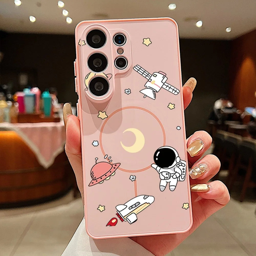For Samsung Galaxy A56 5G / A36 5G / A37 5G Magnetic Case Cartoon Astronaut Design TPU Anti-Slip Impact Resistant Phone Cover - Pink - 3