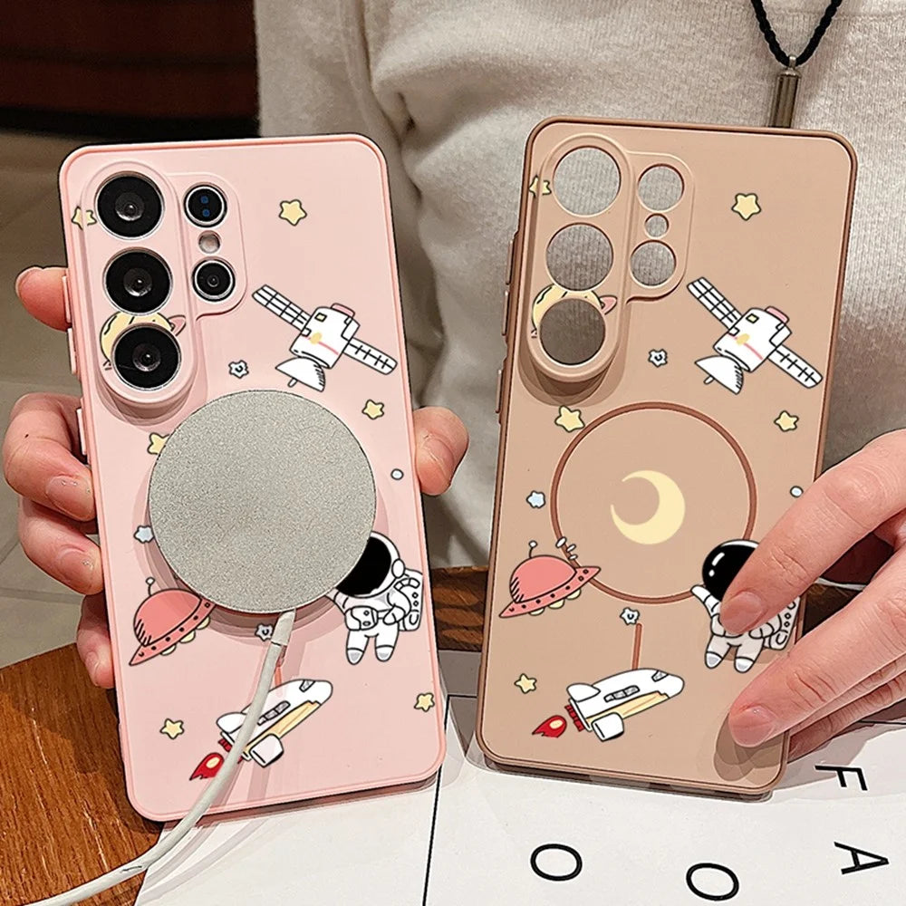 For Samsung Galaxy A56 5G / A36 5G / A37 5G Magnetic Case Cartoon Astronaut Design TPU Anti-Slip Impact Resistant Phone Cover - Pink - 4