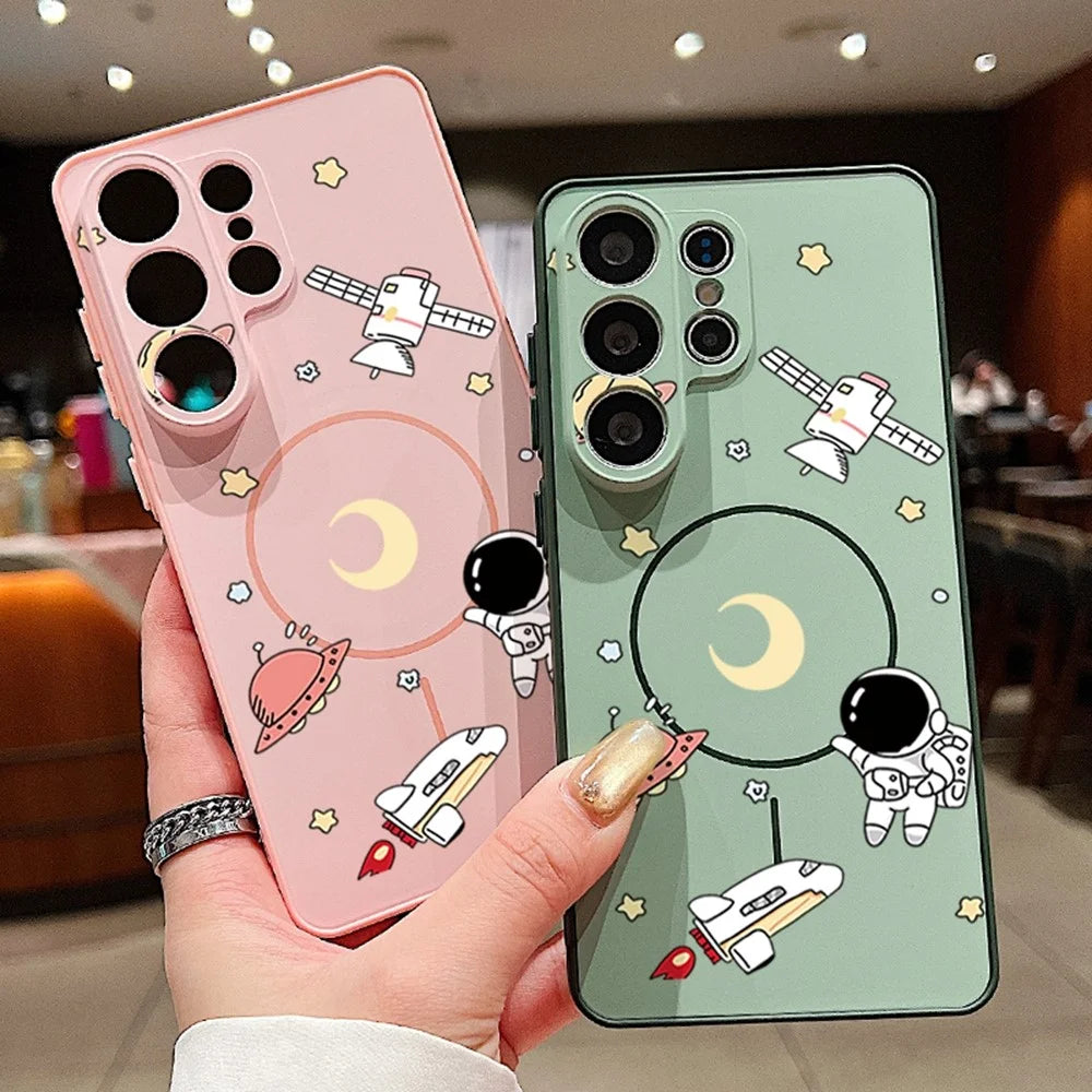 For Samsung Galaxy A56 5G / A36 5G / A37 5G Magnetic Case Cartoon Astronaut Design TPU Anti-Slip Impact Resistant Phone Cover - Pink - 5
