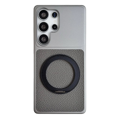 For Samsung Galaxy S26 Ultra Case Rotating Magnetic Kickstand Litchi Texture Leather Coated PC + TPU Phone Cover - Matte Grey - 1