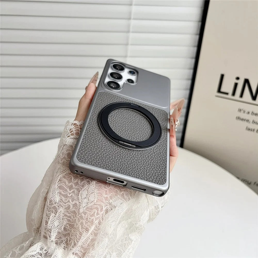 For Samsung Galaxy S26 Ultra Case Rotating Magnetic Kickstand Litchi Texture Leather Coated PC + TPU Phone Cover - Matte Grey - 4