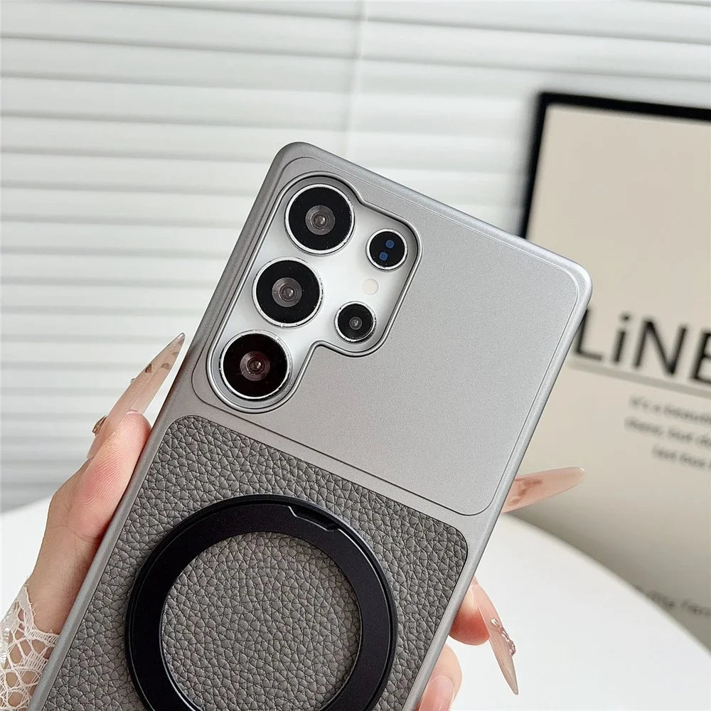 For Samsung Galaxy S26 Ultra Case Rotating Magnetic Kickstand Litchi Texture Leather Coated PC + TPU Phone Cover - Matte Grey - 5