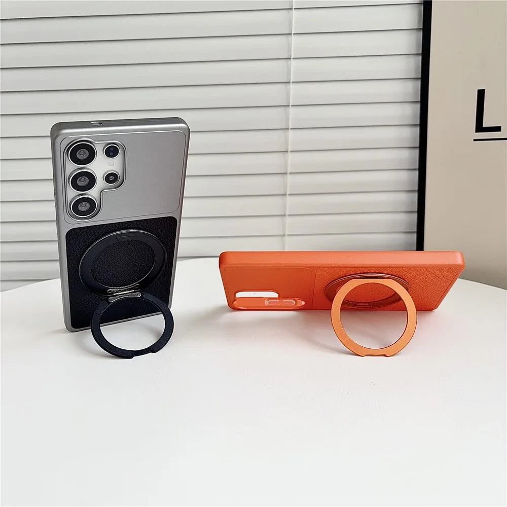For Samsung Galaxy S26 Ultra Case Rotating Magnetic Kickstand Litchi Texture Leather Coated PC + TPU Phone Cover - Matte Grey - 6
