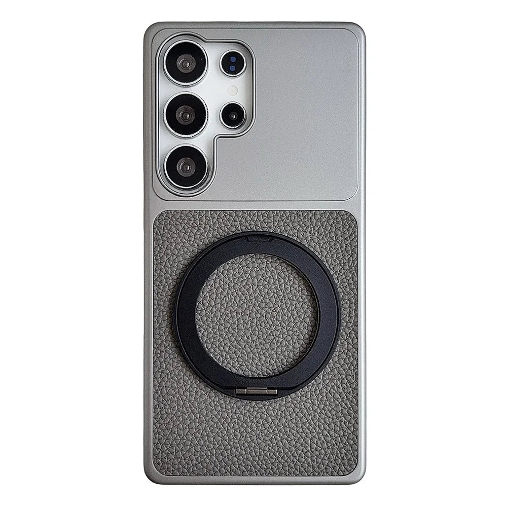 For Samsung Galaxy S25 Ultra Case Rotating Magnetic Kickstand Litchi Texture Leather Coated PC + TPU Phone Cover - Matte Grey - 1