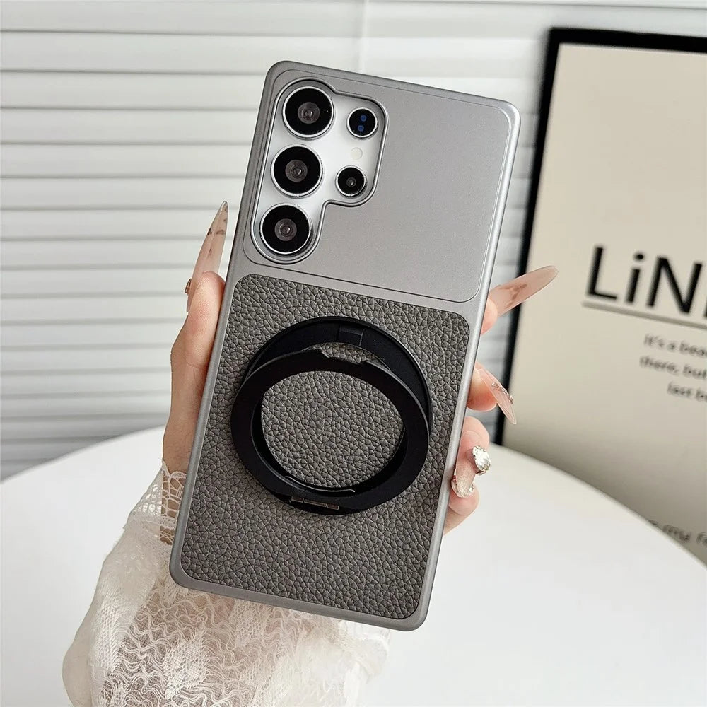 For Samsung Galaxy S25 Ultra Case Rotating Magnetic Kickstand Litchi Texture Leather Coated PC + TPU Phone Cover - Matte Grey - 2