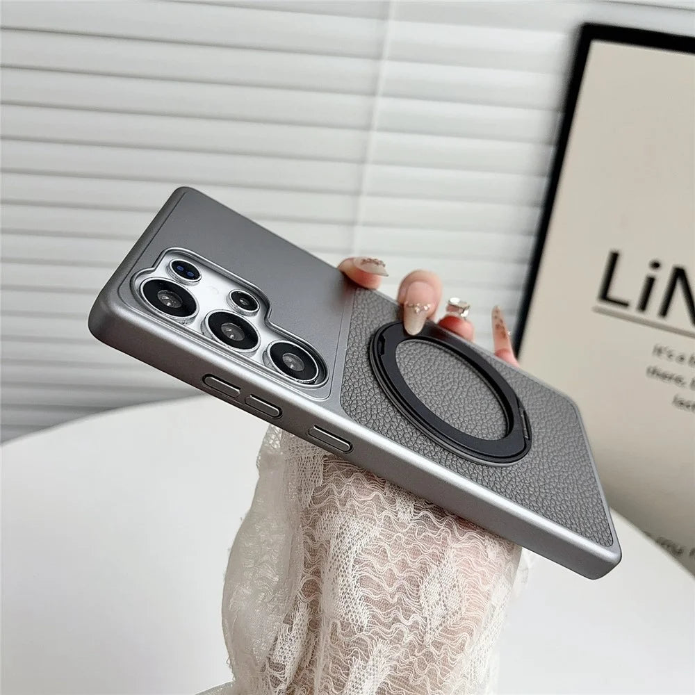 For Samsung Galaxy S25 Ultra Case Rotating Magnetic Kickstand Litchi Texture Leather Coated PC + TPU Phone Cover - Matte Grey - 3