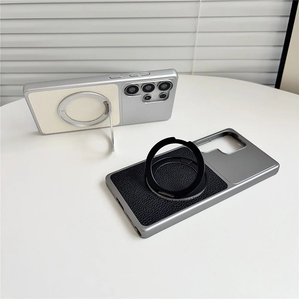For Samsung Galaxy S25 Ultra Case Rotating Magnetic Kickstand Litchi Texture Leather Coated PC + TPU Phone Cover - Matte Grey - 7