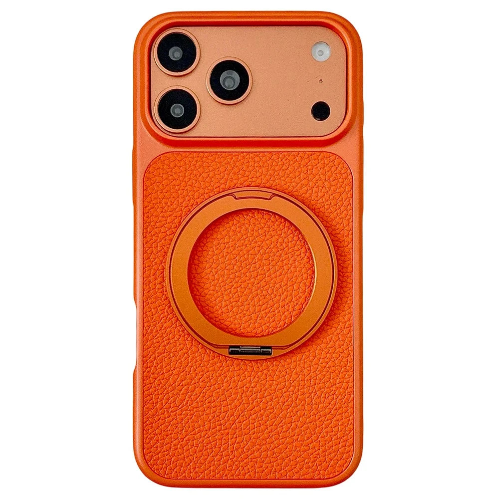 For iPhone 17 Pro Max Case Rotating Magnetic Kickstand Litchi Texture Leather Coated PC + TPU Phone Cover - Orange - 1