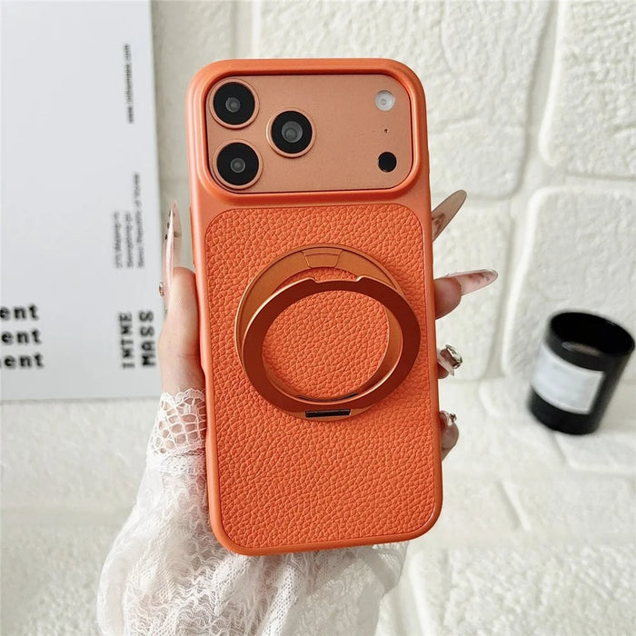 For iPhone 17 Pro Max Case Rotating Magnetic Kickstand Litchi Texture Leather Coated PC + TPU Phone Cover - Orange - 2