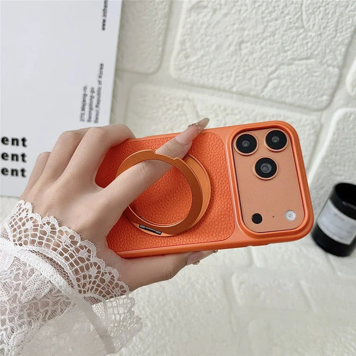 For iPhone 17 Pro Max Case Rotating Magnetic Kickstand Litchi Texture Leather Coated PC + TPU Phone Cover - Orange - 3
