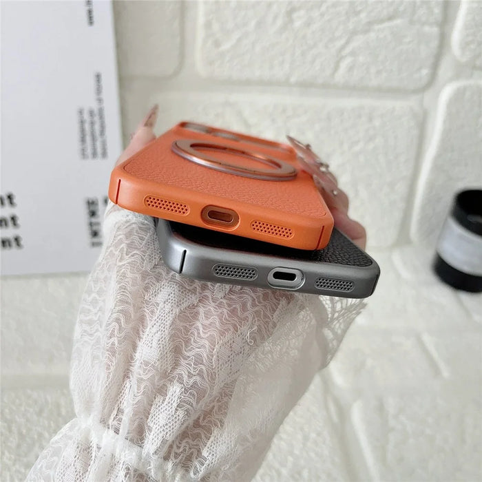 For iPhone 17 Pro Max Case Rotating Magnetic Kickstand Litchi Texture Leather Coated PC + TPU Phone Cover - Orange - 7