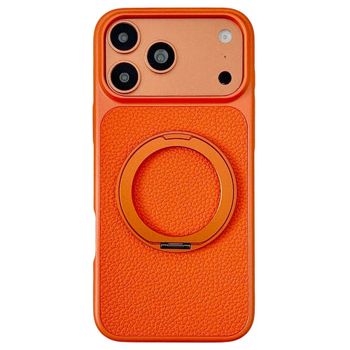 For iPhone 17 Pro Case Rotating Magnetic Kickstand Litchi Texture Leather Coated PC + TPU Phone Cover - Orange - 1