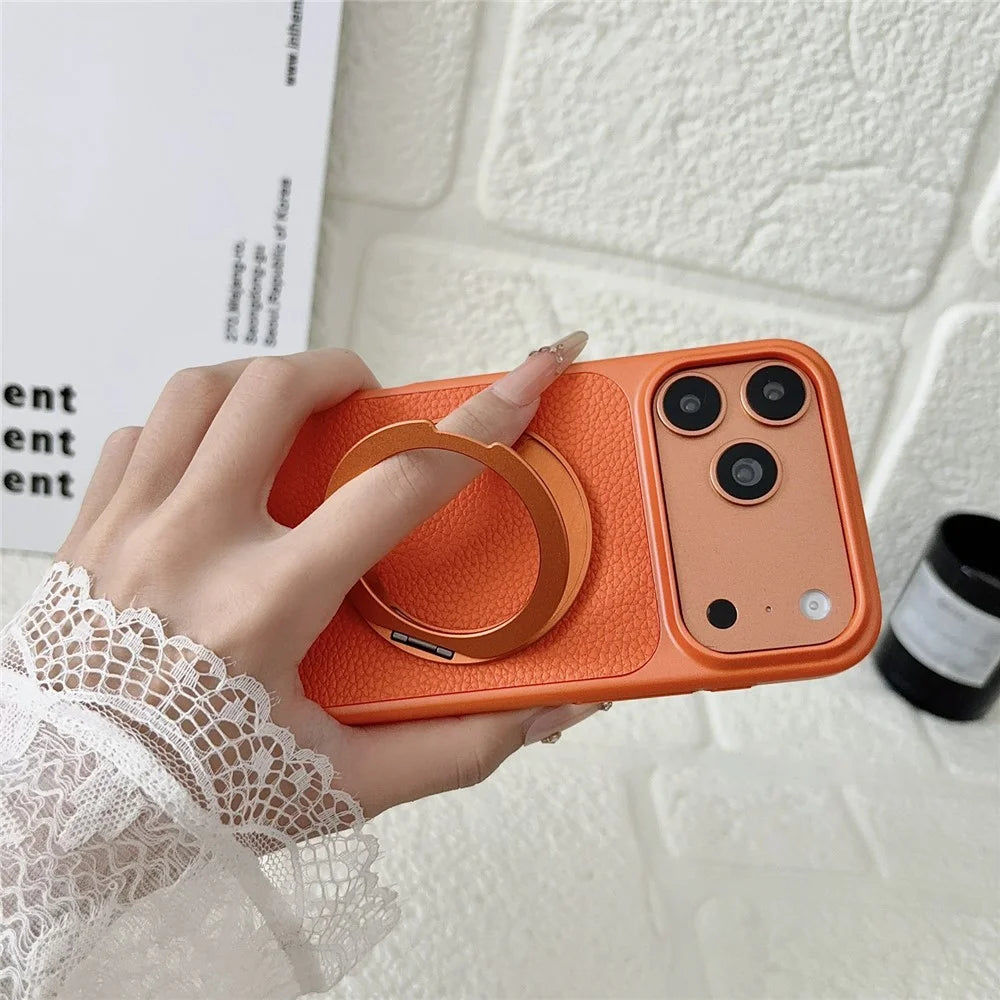 For iPhone 17 Pro Case Rotating Magnetic Kickstand Litchi Texture Leather Coated PC + TPU Phone Cover - Orange - 3