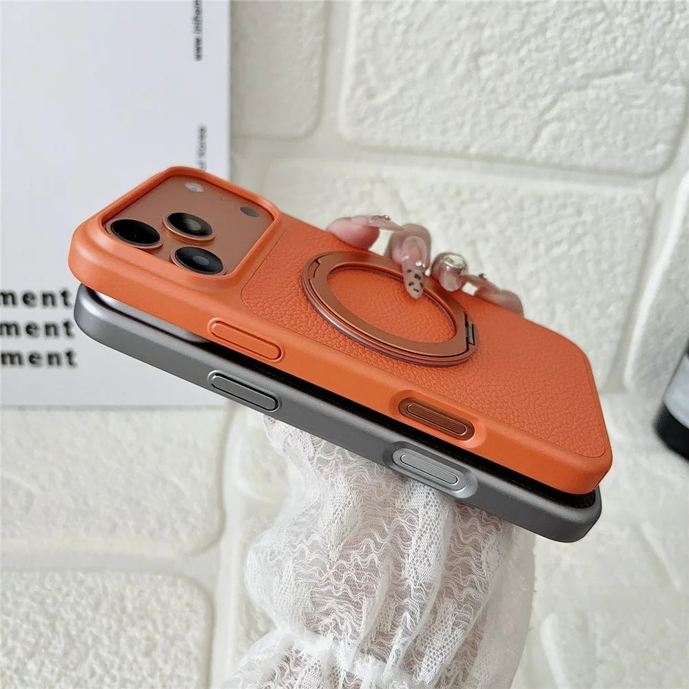 For iPhone 17 Pro Case Rotating Magnetic Kickstand Litchi Texture Leather Coated PC + TPU Phone Cover - Orange - 6