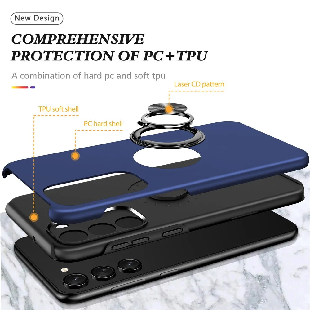 for Samsung Galaxy S23+ Rotation Ring Kickstand Drop-proof Case Hard PC+Soft TPU Dual Layer Protection Phone Cover - Blue - 5