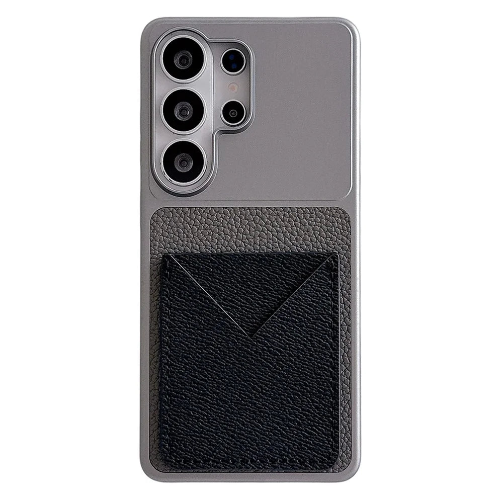 For Samsung Galaxy S26 Ultra Case with Card Slot Metal Paint Litchi Texture Leather Coated PC + TPU Phone Cover - Matte Grey - 1
