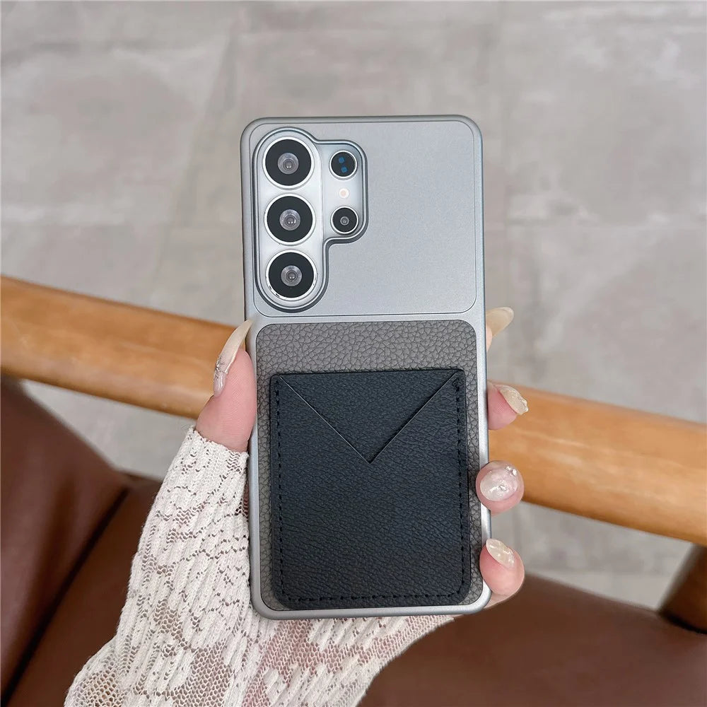For Samsung Galaxy S26 Ultra Case with Card Slot Metal Paint Litchi Texture Leather Coated PC + TPU Phone Cover - Matte Grey - 2