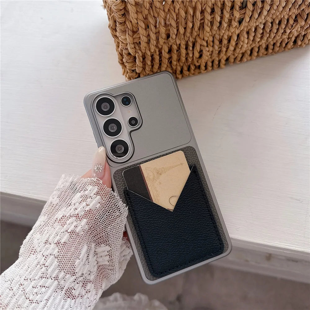 For Samsung Galaxy S26 Ultra Case with Card Slot Metal Paint Litchi Texture Leather Coated PC + TPU Phone Cover - Matte Grey - 3