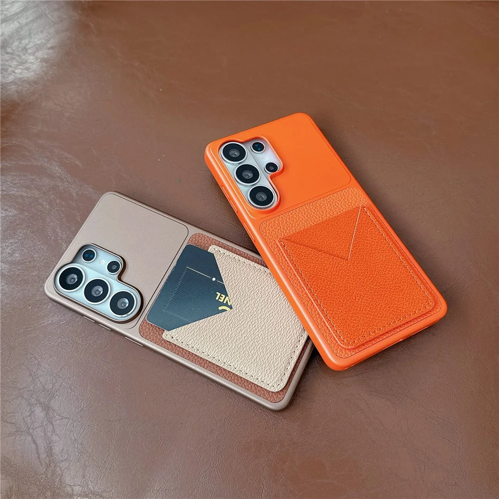For Samsung Galaxy S26 Ultra Case with Card Slot Metal Paint Litchi Texture Leather Coated PC + TPU Phone Cover - Matte Grey - 4