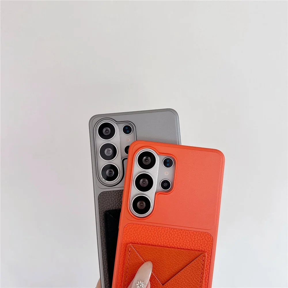 For Samsung Galaxy S26 Ultra Case with Card Slot Metal Paint Litchi Texture Leather Coated PC + TPU Phone Cover - Matte Grey - 5