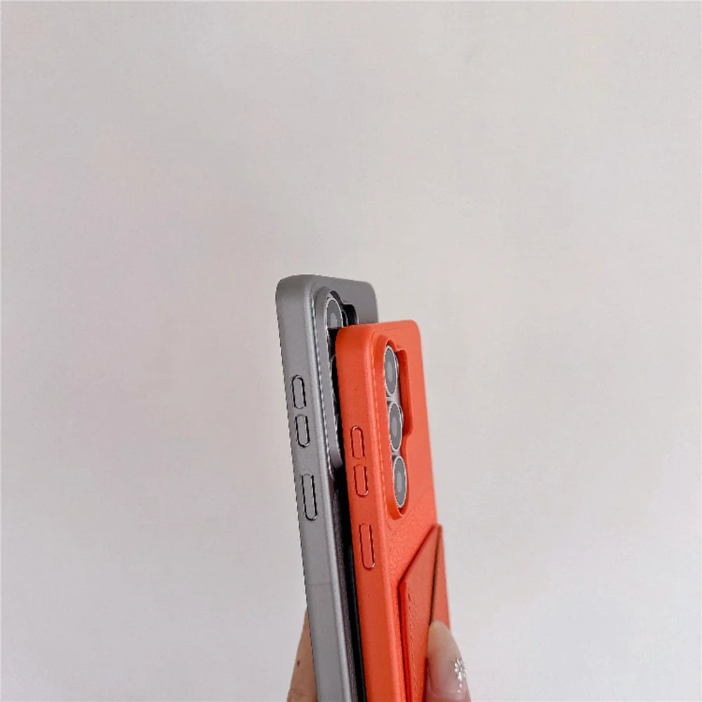 For Samsung Galaxy S26 Ultra Case with Card Slot Metal Paint Litchi Texture Leather Coated PC + TPU Phone Cover - Matte Grey - 6