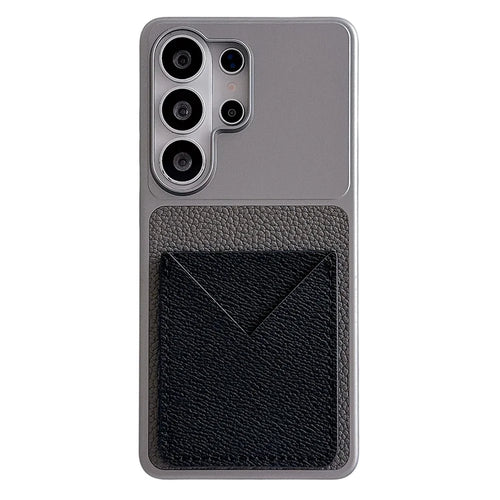 For Samsung Galaxy S25 Ultra Case with Card Slot Metal Paint Litchi Texture Leather Coated PC + TPU Phone Cover - Matte Grey - 1