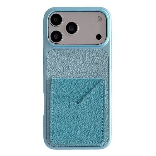For iPhone 17 Pro Max Case with Card Slot Metal Paint Litchi Texture Leather Coated PC + TPU Phone Cover - Mist Blue - 1