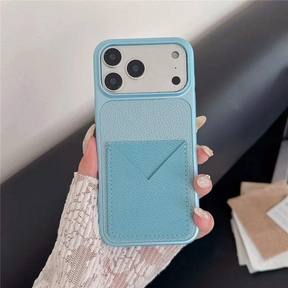 For iPhone 17 Pro Max Case with Card Slot Metal Paint Litchi Texture Leather Coated PC + TPU Phone Cover - Mist Blue - 2