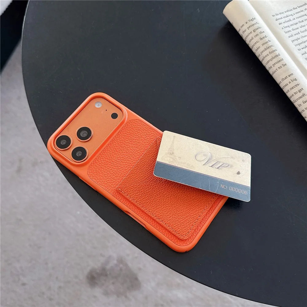 For iPhone 17 Pro Max Case with Card Slot Metal Paint Litchi Texture Leather Coated PC + TPU Phone Cover - Mist Blue - 4