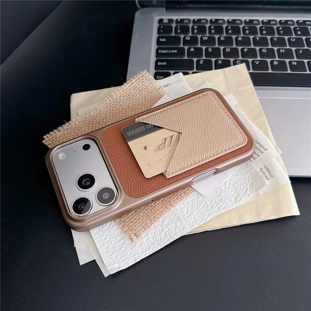 For iPhone 17 Pro Max Case with Card Slot Metal Paint Litchi Texture Leather Coated PC + TPU Phone Cover - Mist Blue - 5