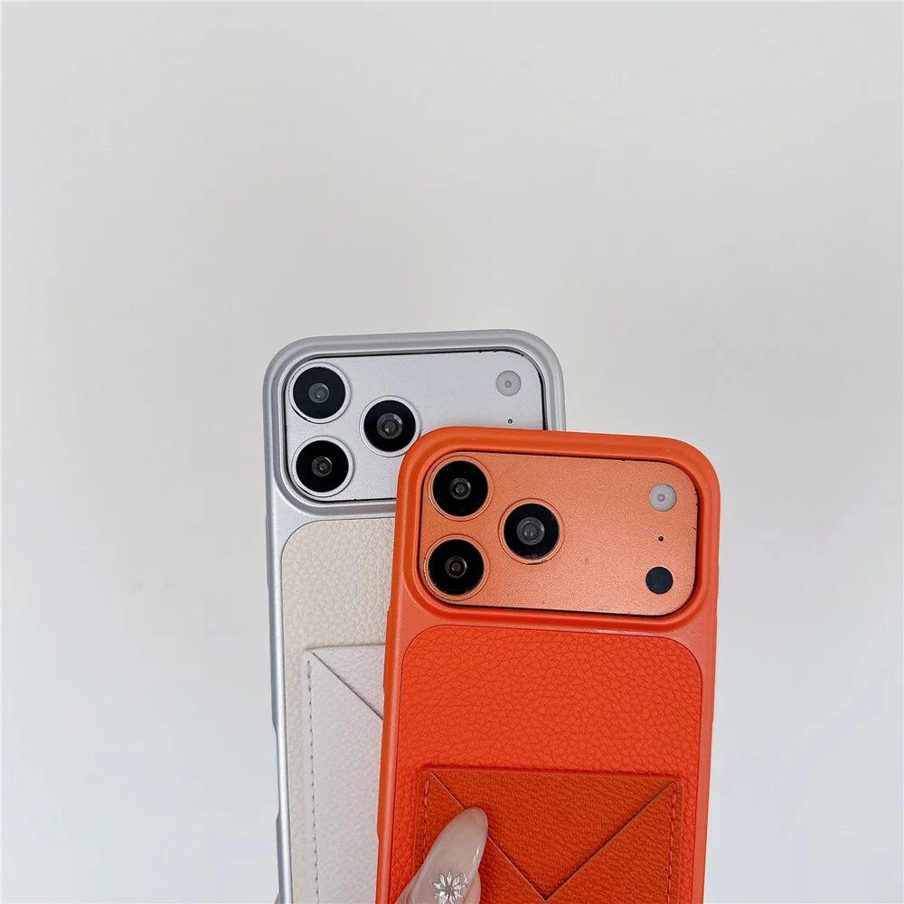 For iPhone 17 Pro Max Case with Card Slot Metal Paint Litchi Texture Leather Coated PC + TPU Phone Cover - Mist Blue - 7