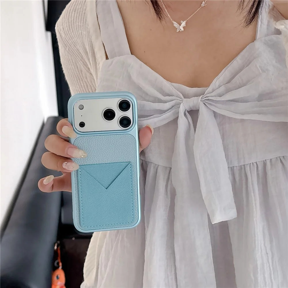 For iPhone 17 Pro Case with Card Slot Metal Paint Litchi Texture Leather Coated PC + TPU Phone Cover - Mist Blue - 3