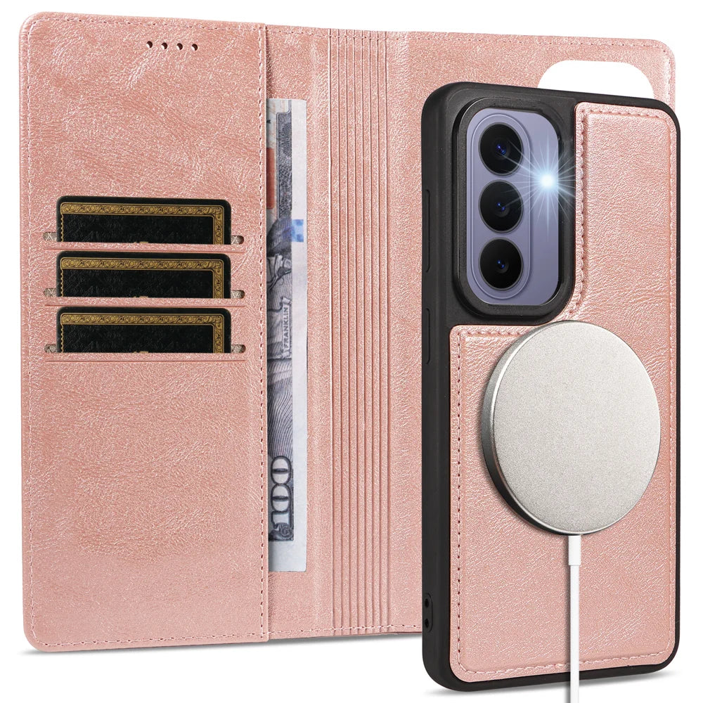 For Samsung Galaxy S26 Magnetic Case Detachable 2 in 1 Leather Wallet Phone Cover - Rose Gold - 3