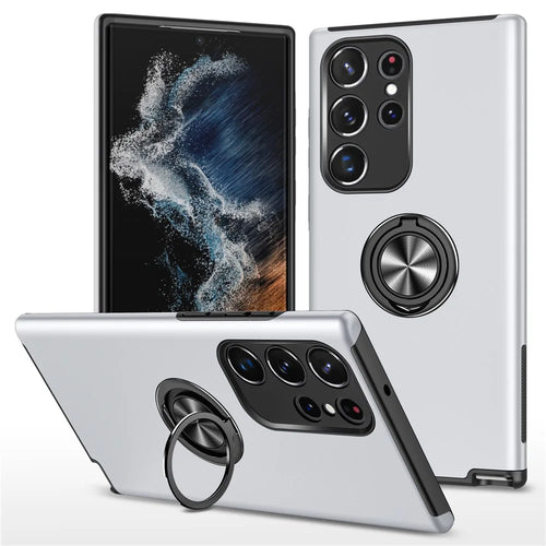 For Samsung Galaxy S23 Ultra Rotation Ring Kickstand Anti-fall Case Hard PC+Soft TPU Dual Layer Protection Phone Cover - Silver - 1
