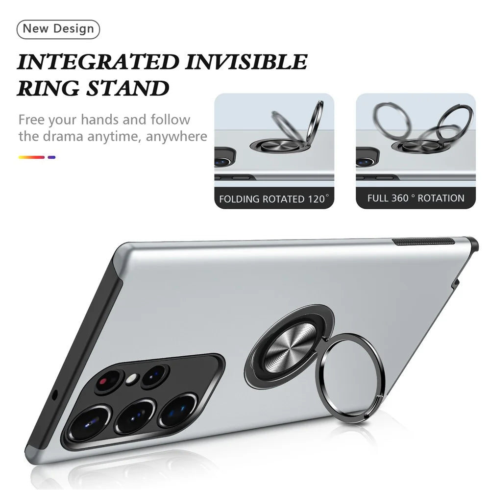 For Samsung Galaxy S23 Ultra Rotation Ring Kickstand Anti-fall Case Hard PC+Soft TPU Dual Layer Protection Phone Cover - Silver - 2