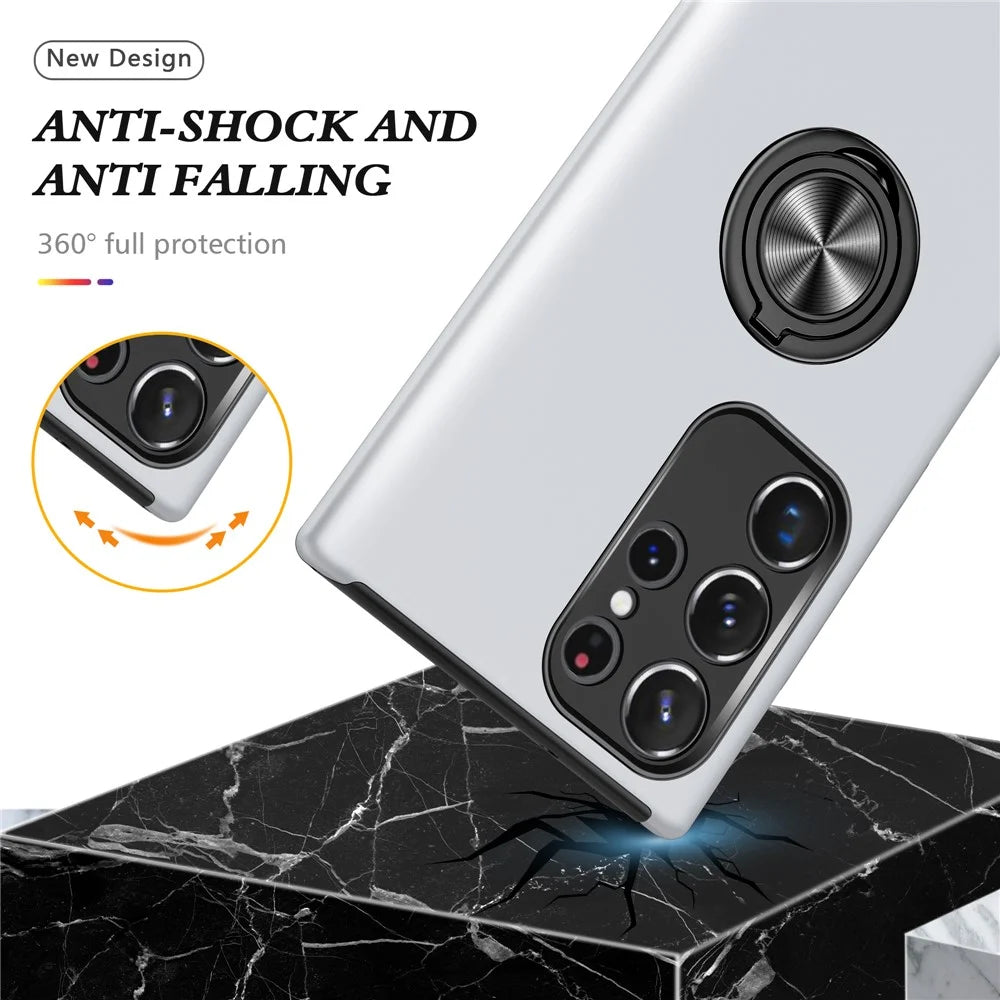 For Samsung Galaxy S23 Ultra Rotation Ring Kickstand Anti-fall Case Hard PC+Soft TPU Dual Layer Protection Phone Cover - Silver - 4
