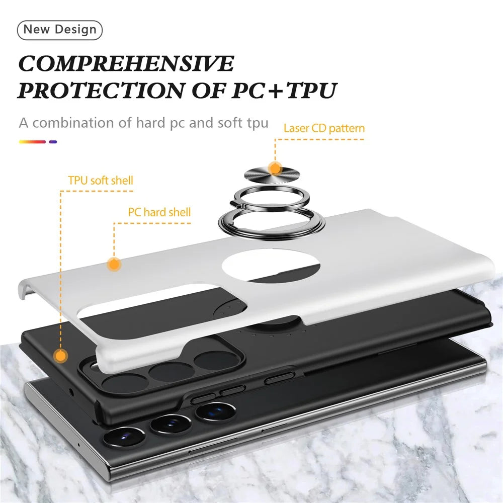 For Samsung Galaxy S23 Ultra Rotation Ring Kickstand Anti-fall Case Hard PC+Soft TPU Dual Layer Protection Phone Cover - Silver - 5