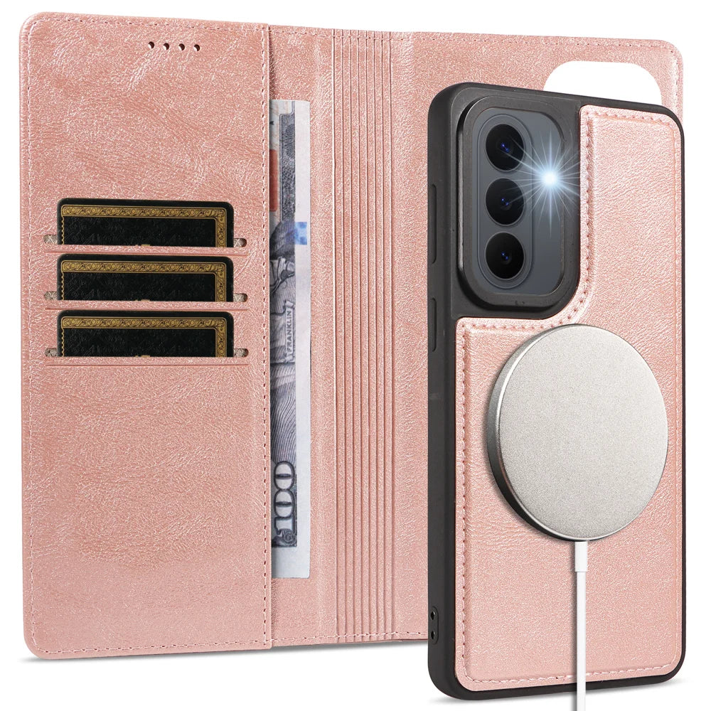 For Samsung Galaxy S26+ Magnetic Case Detachable 2 in 1 Leather Wallet Phone Cover - Rose Gold - 3