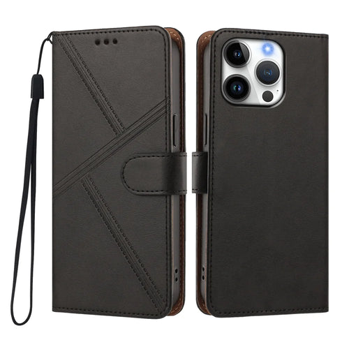 For iPhone 16 Pro Case Diamond Stitch PU Leather Wallet Flip Phone Cover with Wrist Strap - Black - 1