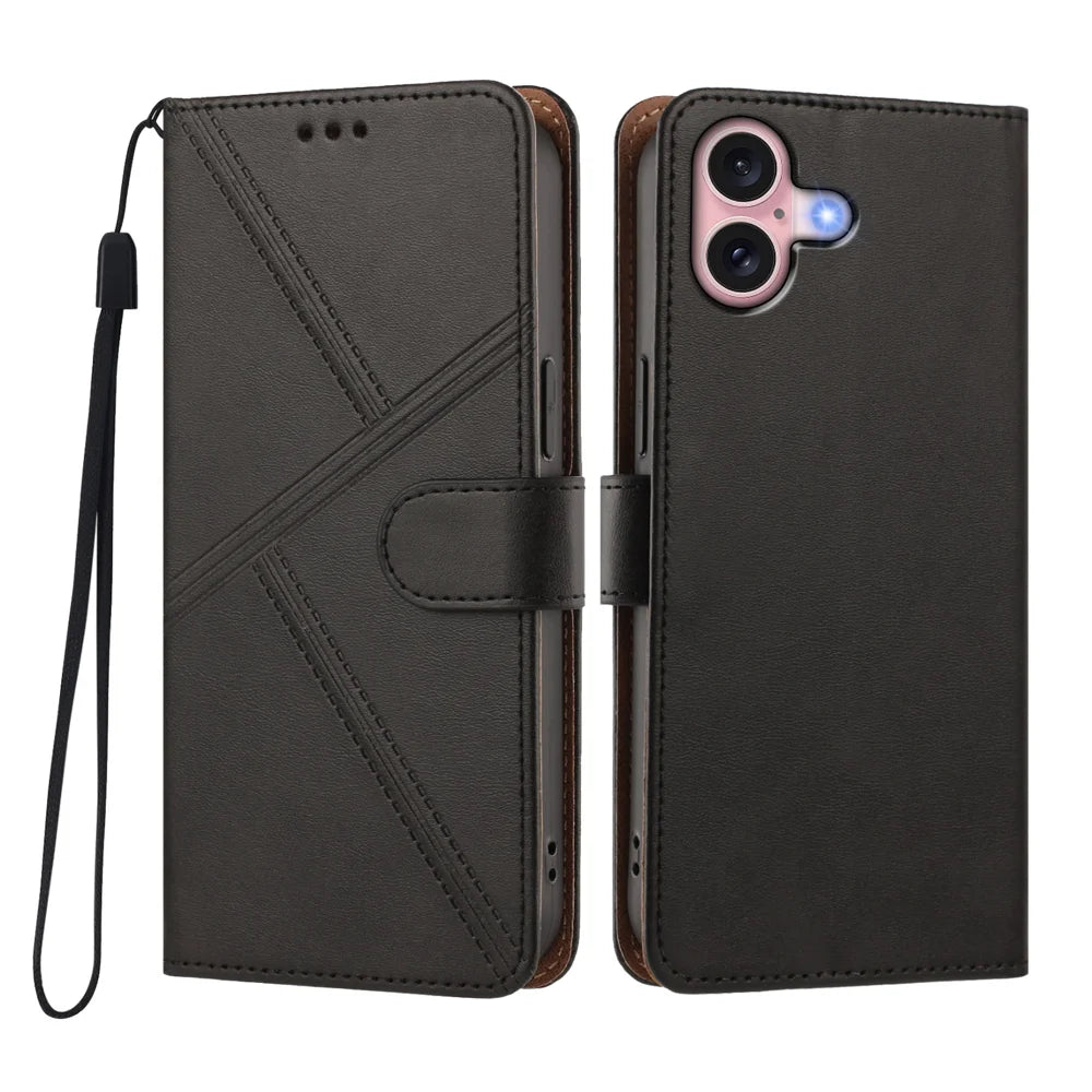 For iPhone 16 Case Diamond Stitch PU Leather Wallet Flip Phone Cover with Wrist Strap - Black - 1